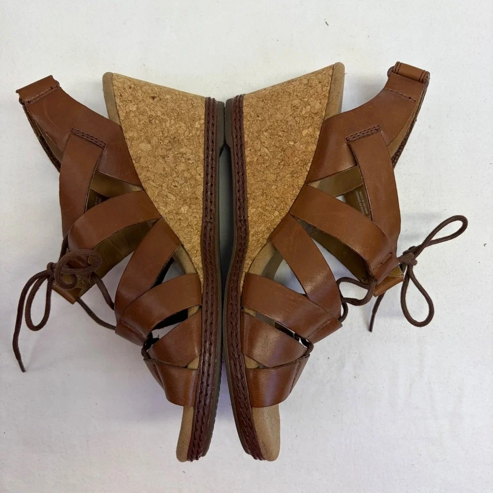 Clarks Collection Wedge Sandals Womens Size 8 Brown Leather Lace Up Cork Comfort